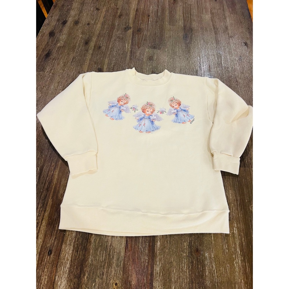 Vintage 1999 Won's Wear Angel Graphic Sweatshirt Cream Medium Made in USA 90s